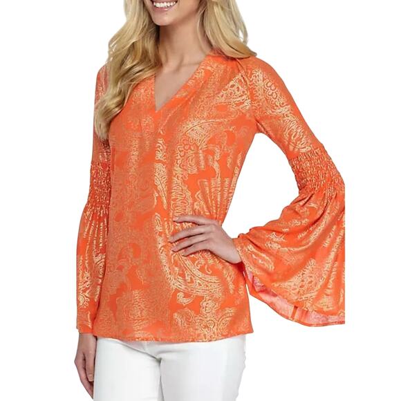 Michael Kors Poppy/Gold Samara Smocked Bell Sleeve Tunic Metallic Blouse Size 2X - Picture 1 of 13